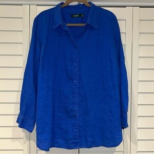 3X Women’s 100% Linen Lauren Ralph Lauren Blue Button Down Blouse